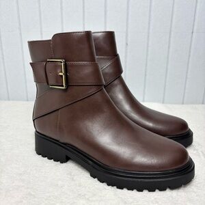 Unisa Dark Brown Casual Zip Up Ankle Boots with Gold Buckle Size 8.5